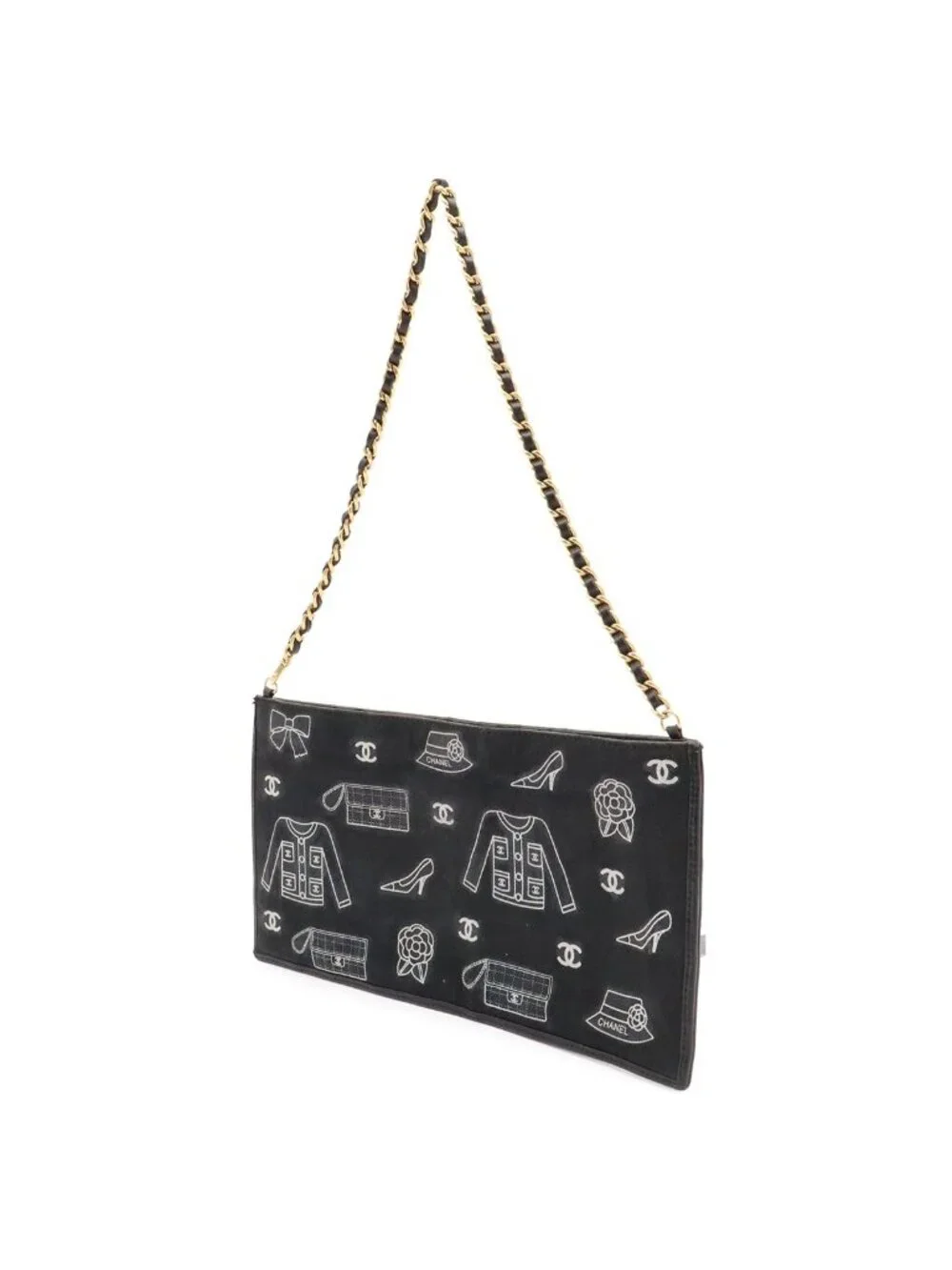 Chanel Icon Print Chain Shoulder Bag Party Canvas Leather Black Gold